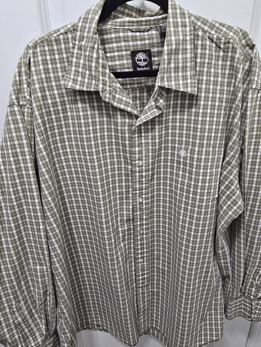 Timberland Mens XXL Olive Green White Plaid Long Sleeve Button Down Shirt